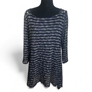 Cal Style Sz L Lagenlook romantic 3/4 slv tunic Loose Knit Navy Asymmetrical